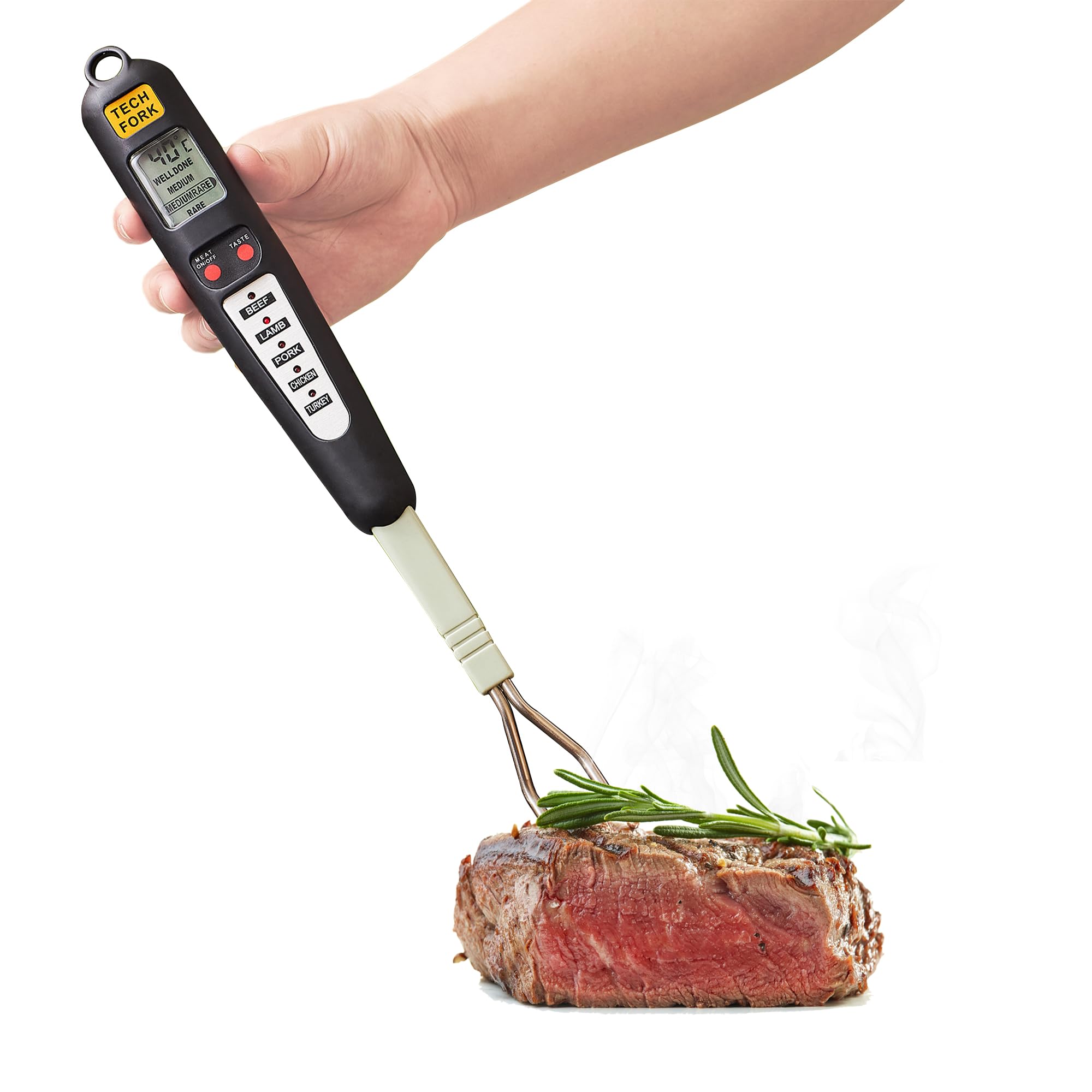 80-09 Digital Meat Instant Read Thermometer with LED Screen and Ready Alarm, Kitchen Probe with Long Fork for Grilling, Barbecue and Cookin, l, white1