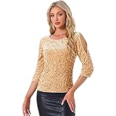 Allegra K Sparkle Sequin Velvet Tops for Women's Cut Out Half Sleeve Party Club Holiday Blouse