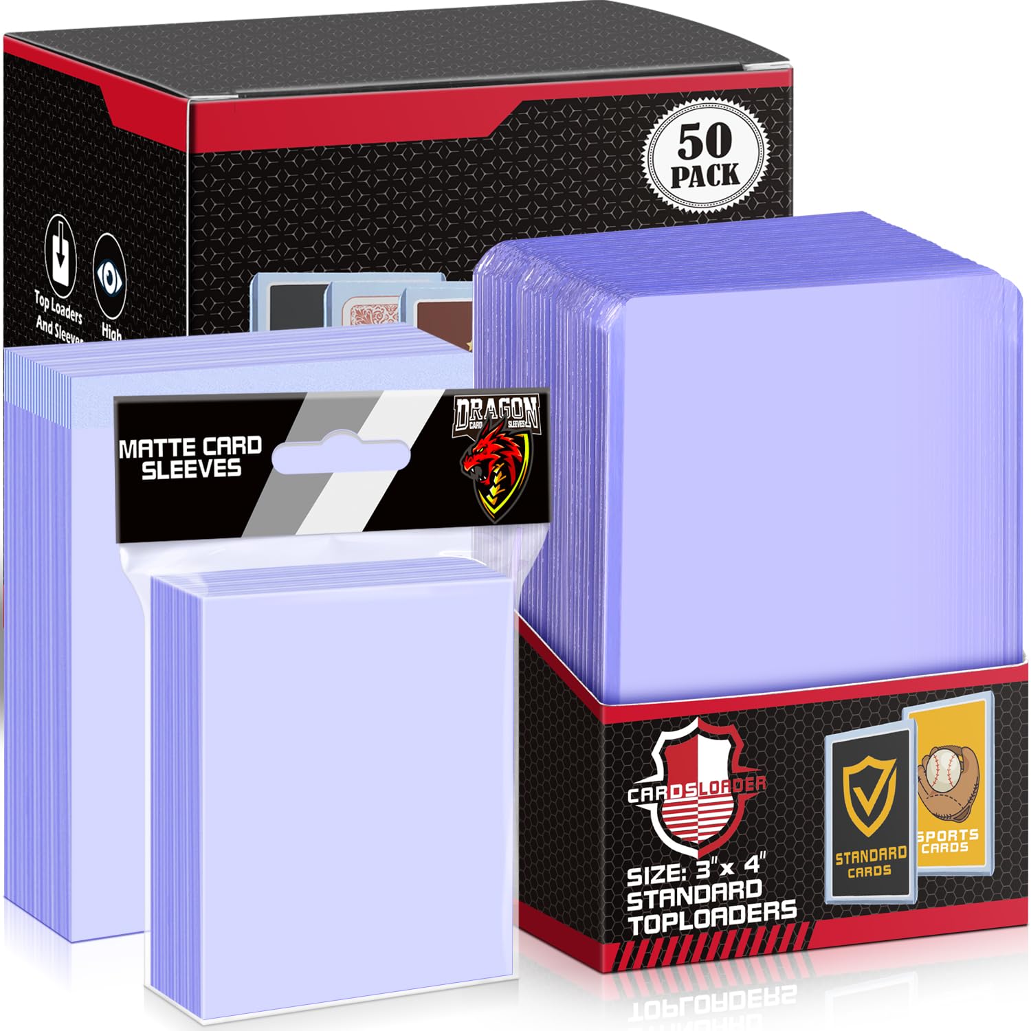 250 PCS Top Loaders Trading Card Sleeves, Hard Plastic Toploaders Penny Card Sleeves, Baseball Cards Sleeve Holder Protector Fit for MTG (Include 50 TopLoaders & 200 Soft Sleeve)