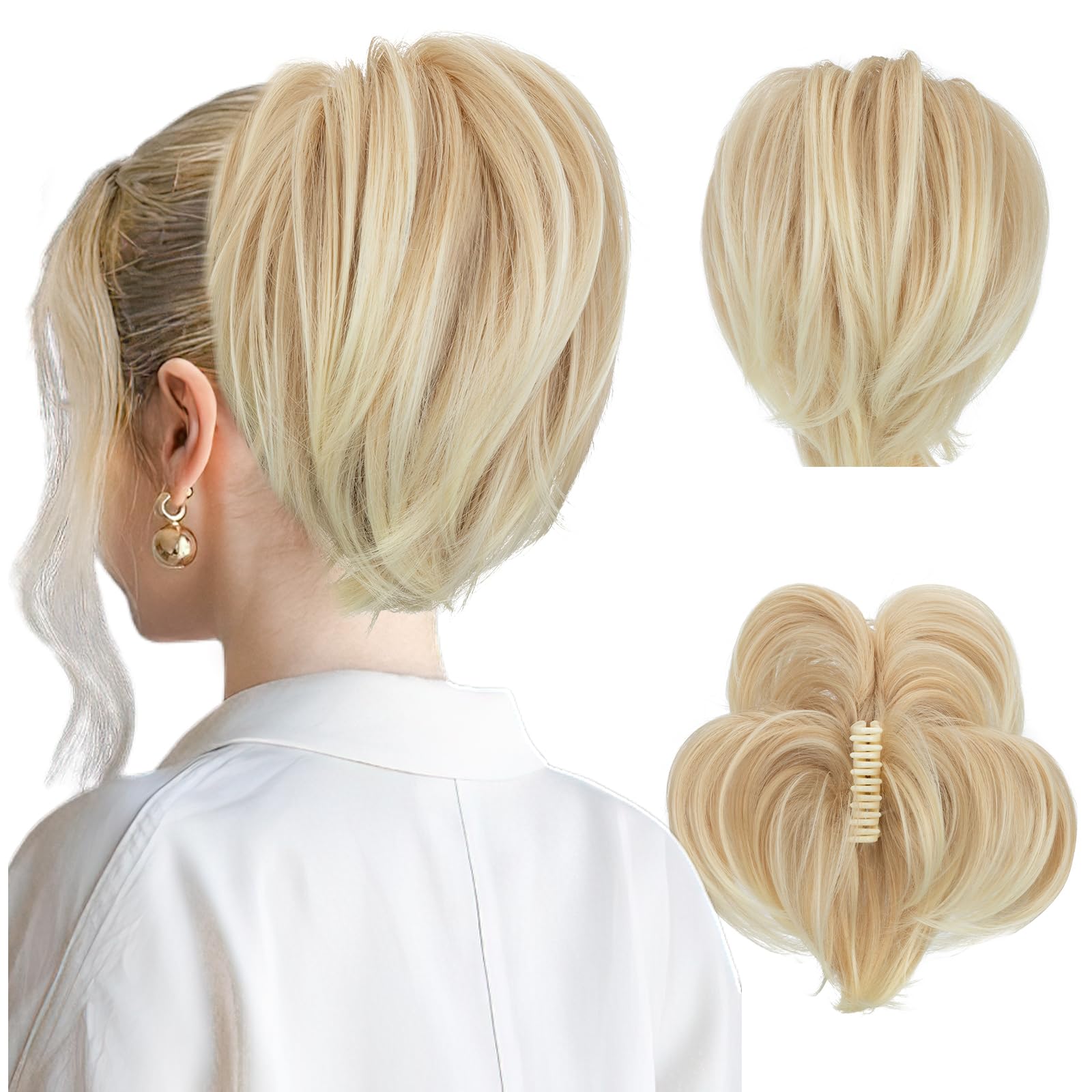 SEGOHAIR Claw Clip Short Ponytail Extension Messy Bun Hair Piece, Bendable Metal Wire Fake Bun Hair Pieces for Women-Fake Ponytail DIY Styles Hair Buns Hair Piece-Mousy blonde to Light blonde