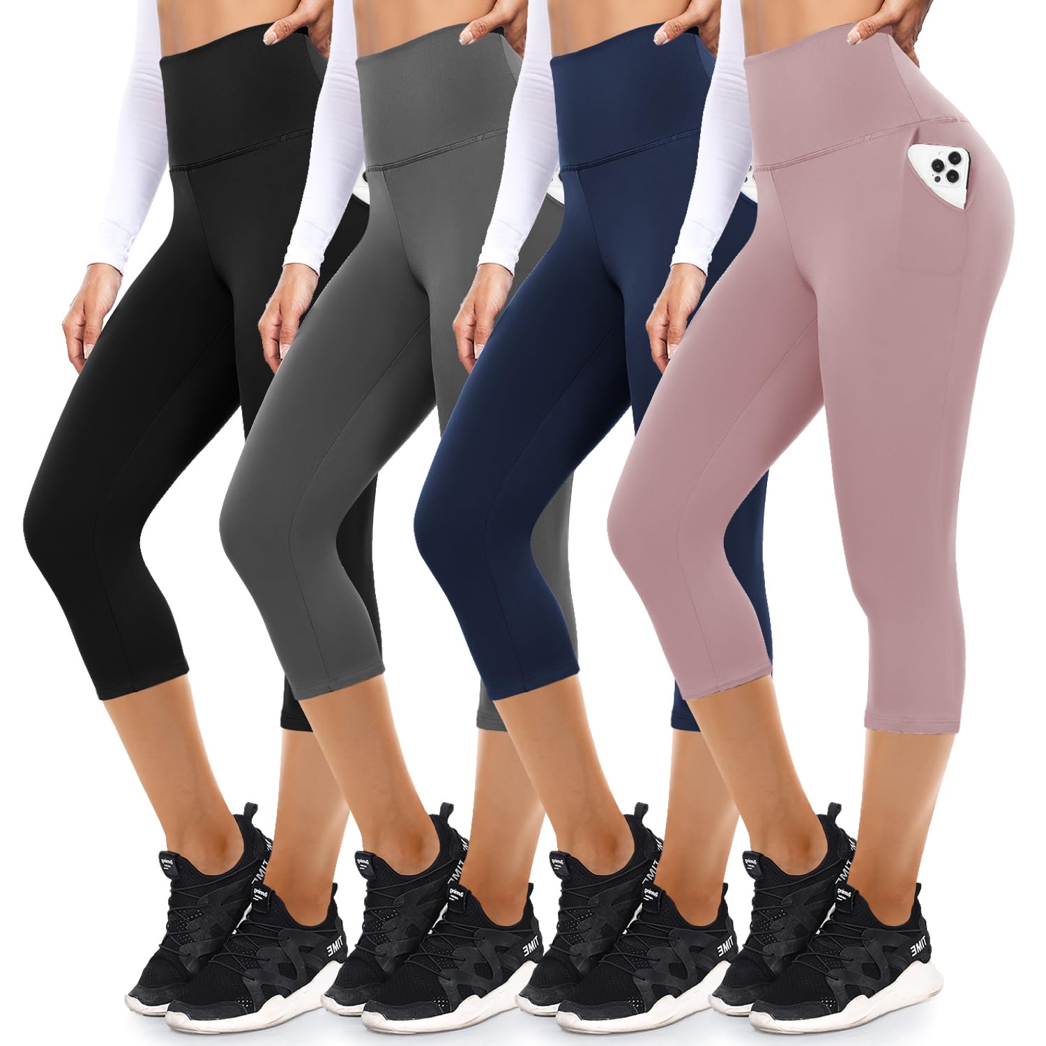 Photo 1 of 4 Pack Capri Leggings with Pockets for Women,Soft High Waisted Tummy Control Workout Yoga Pants(4 Pack Capri Black+Dark Grey+Navy Blue+Rosy,Large-X-Large)