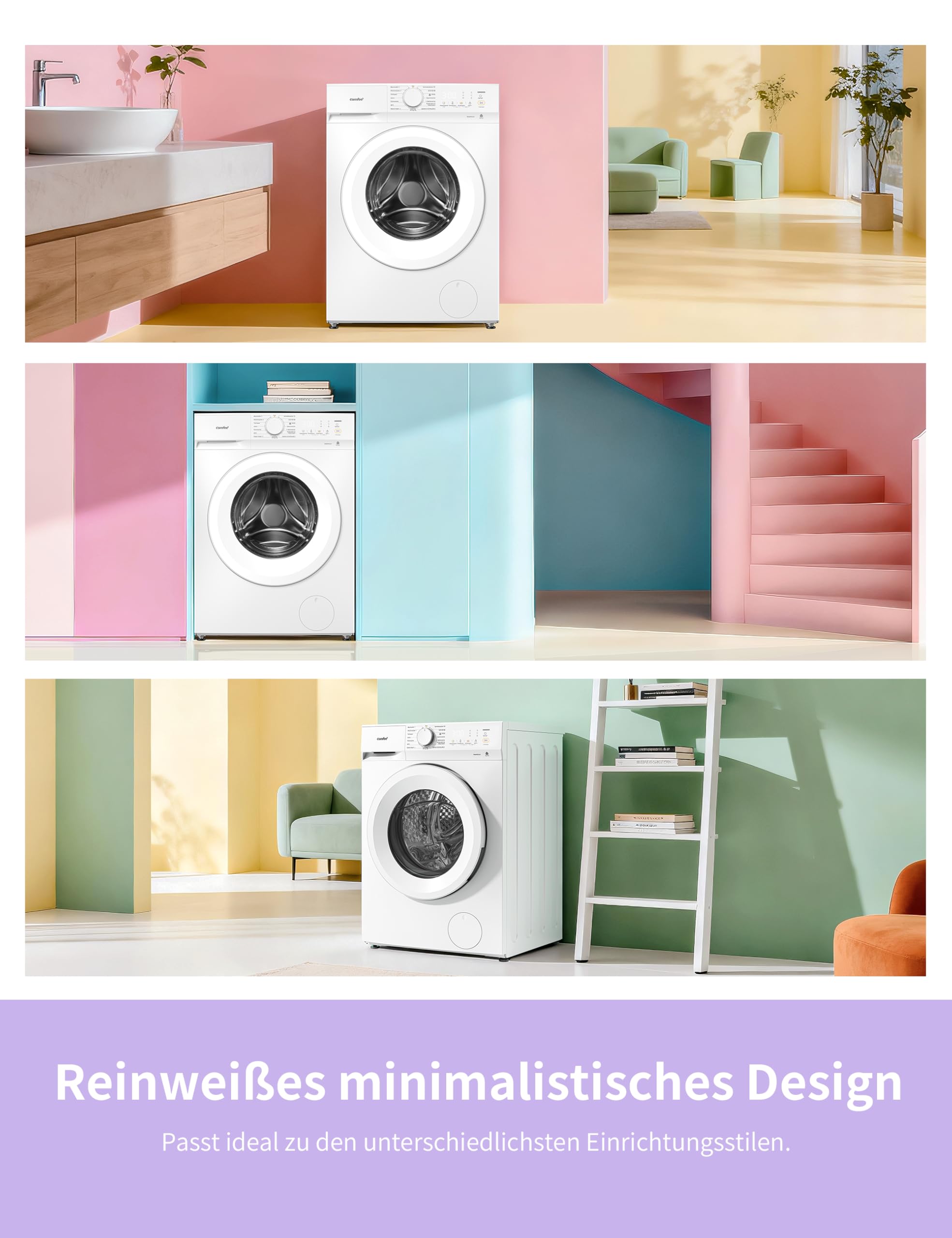 Comfee Waschmaschine 8kg, Washing machine mit Tierhaar-Programm & Dampffunktion,16 Programme,Energy Efficiency Class A-10%,Nachlegefunktion, Leise & Energiesparend, CF08EWP05W, Weiß 7