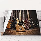 Vintage Guitar Print Sherpa Flannel Throw Blanket 60x50 inch - Ultra Soft Warm Blankets for Bed, Couch, Camping & Travel Gifts