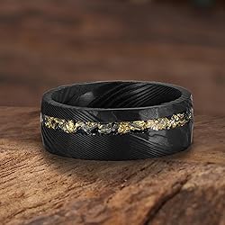 NUNCAD Black Damascus Rings for Men Meteorite and