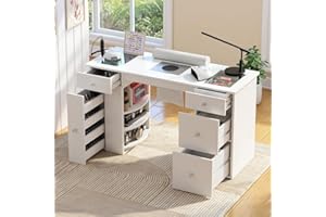 Manicure Table for Nail Tech with Glass Top, Visible Drawers & Trash Bag Holder, Acetone-Resistant Manicure Nail Desk, Beauty Salon Workstation with Wrist Rest & Electric Dust Collector (White)