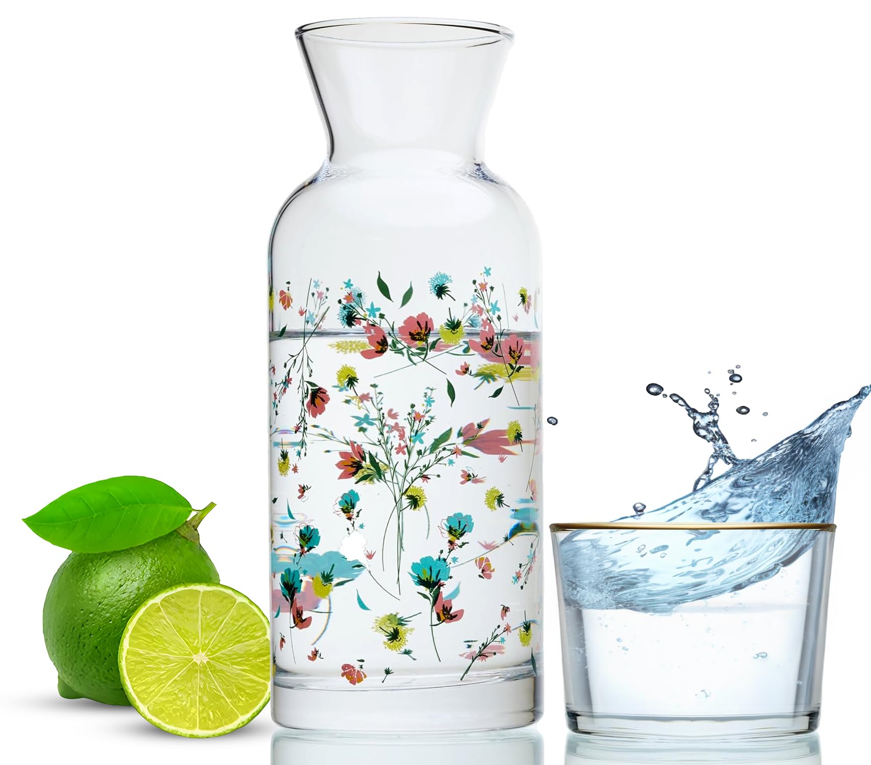 Wrenbury Bedside Water Carafe and Glass Set - 700ml Glass Pitcher with Cup - Stylish Decanter Jug for Bedroom and Dining - Flora Design