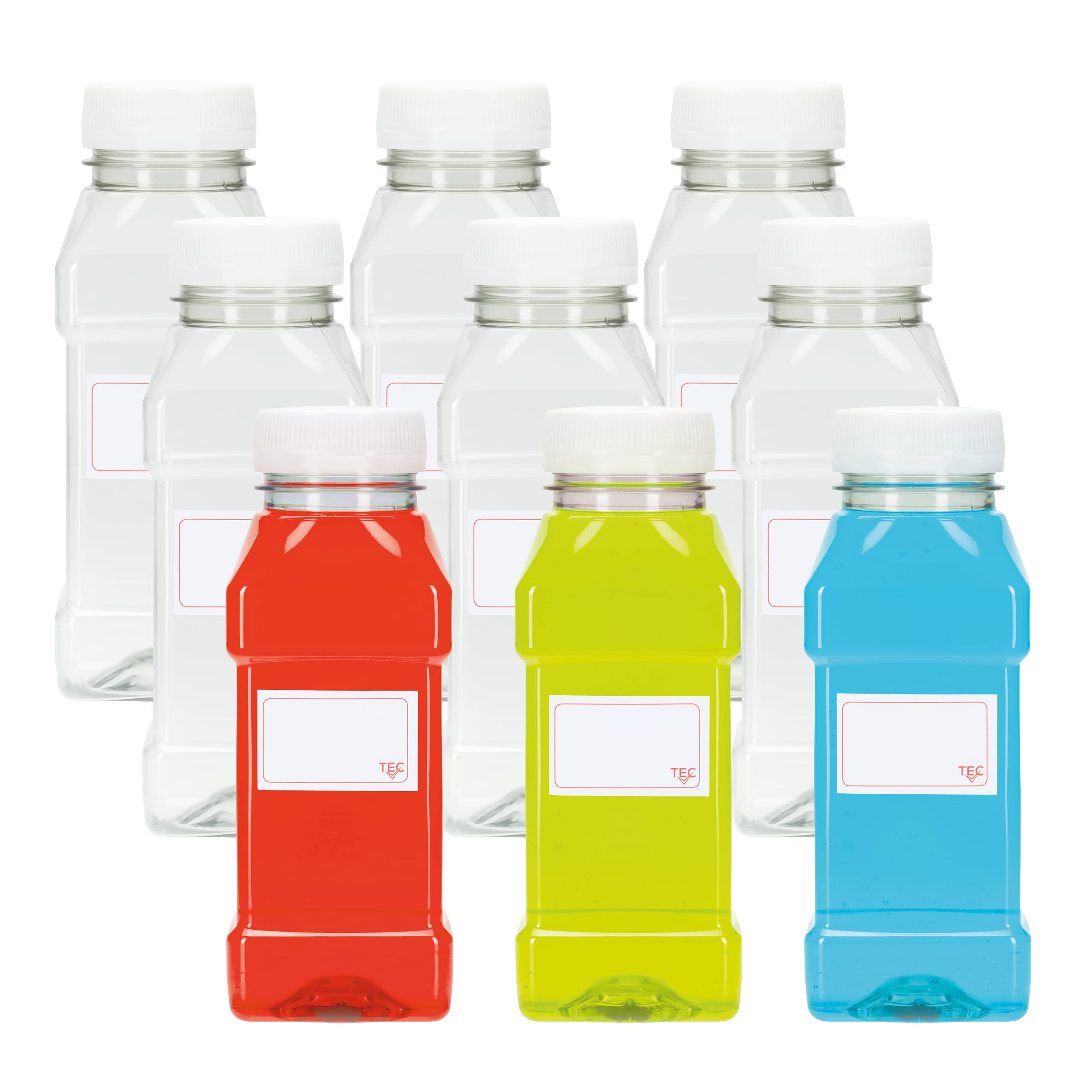 TEC Juice Bottles 250ml with Lids UK Made 30% Recycled PET Plastic Small Clear Square Tamper Evident Mini Energy Drink Smoothie Bottle Water Pack Multipack in Bulk Packs