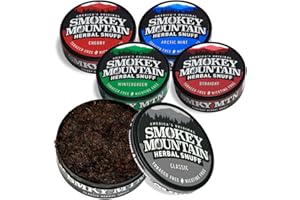 Smokey Mountain Herbal Long Cut – 5 Can Sampler Box - Straight, Classic, Wintergreen, Arctic Mint & Cherry - Tobacco Free and Nicotine Free Snuff
