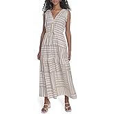 Calvin Klein Womens Sleeveless Tie Shoulder V-Neck Tiered Maxi Dress