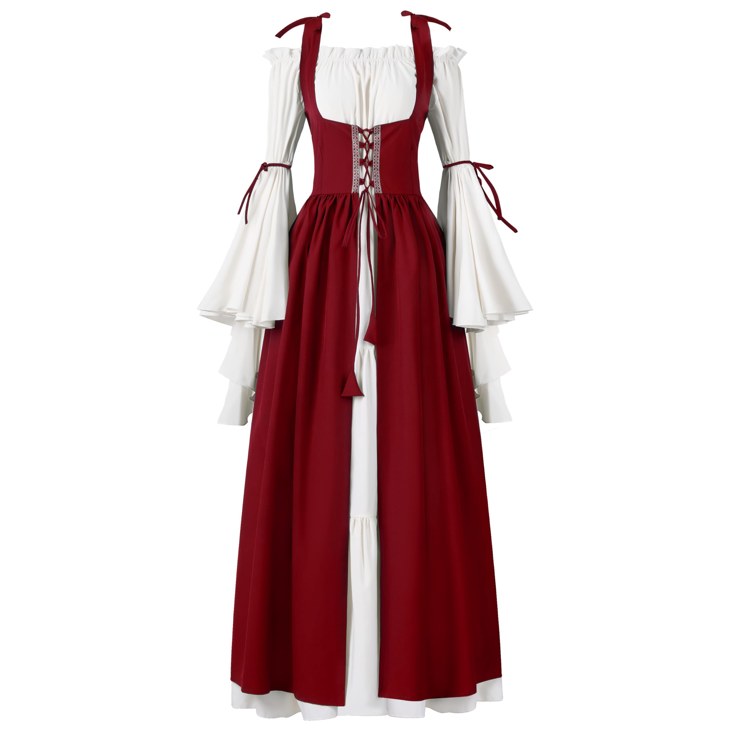 Photo 1 of Spooktacular Creations Renaissance Costume Women, Medieval Burgundy Chemise Ren Faire Dress Irish Overdress, Renaissance Corset with Trumpet Sleeve for Halloween Cosplay Wedding Themed Parties-S