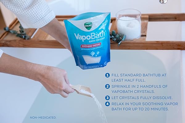 VICKS VAPOBATH, BATH SALTS, BATH BOMB, NON-MEDICATED BATH CRYSTALS, COMFORTING VICKS VAPORS, VAPOR BATH, AROMATHERAPY WITH EUCALYPTUS AND MENTHOL SCENT, CONTAINS ESSENTIAL OILS, 36 OZ