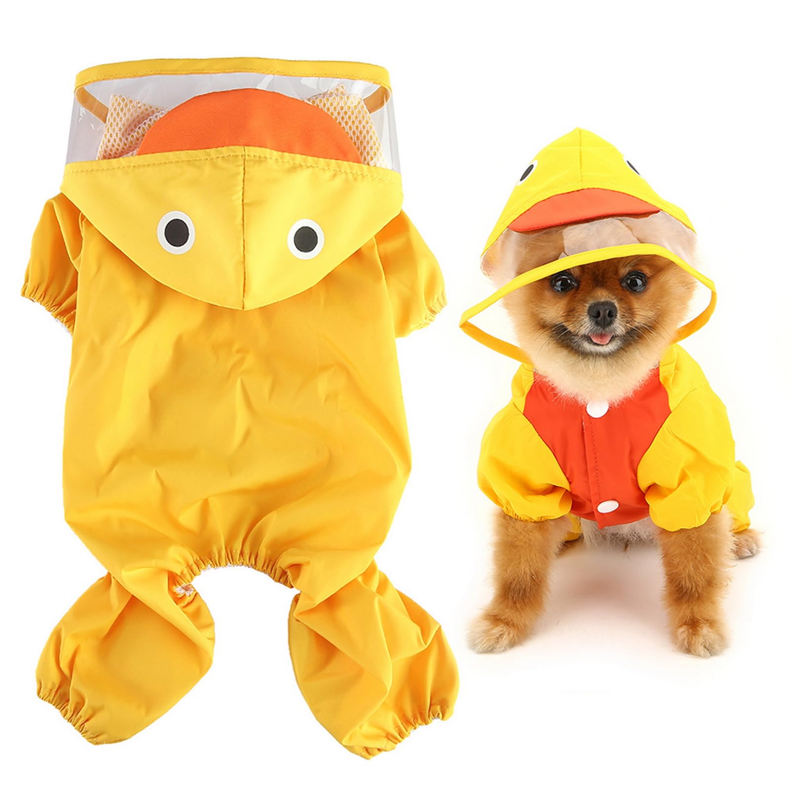 SMALLLEE_LUCKY_STORE Cute Duck Raincoat for Small Dogs with Hoood Leash D-ring Puppy Botton Down Rain Jacket Full Boby 4 leg Jumpsuit Lightweight Waterproof Clothes,Yellow M