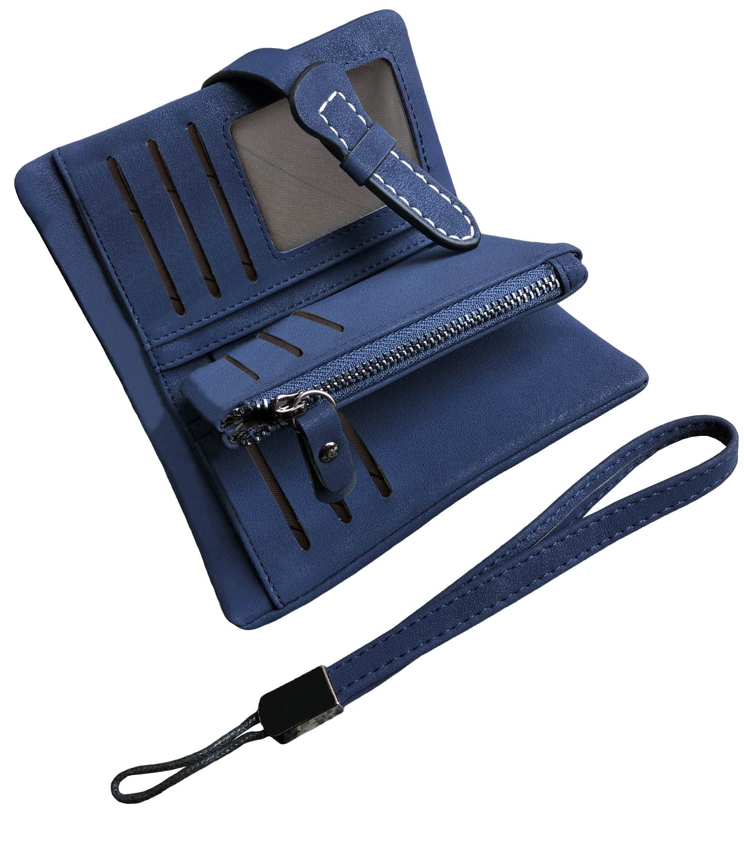 AOXONEL Women's Small Bifold Leather Wallet RFID Blocking Ladies Wristlet with Card Holder id Window Coin Purse (Navy Blue)