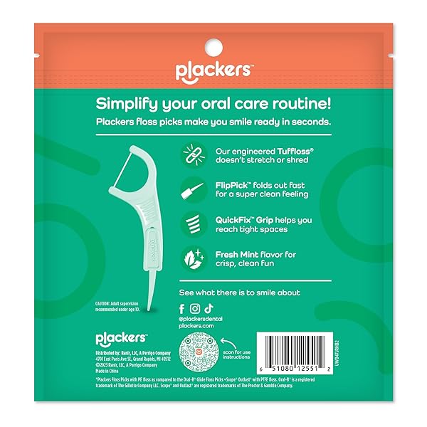 PLACKERS MICRO LINE DENTAL FLOSS PICKS, FOLD-OUT FLIPPICK, TUFFLOSS, EASY STORAGE WITH SURE-ZIP SEAL, FRESH MINT FLAVOR, 300 COUNT