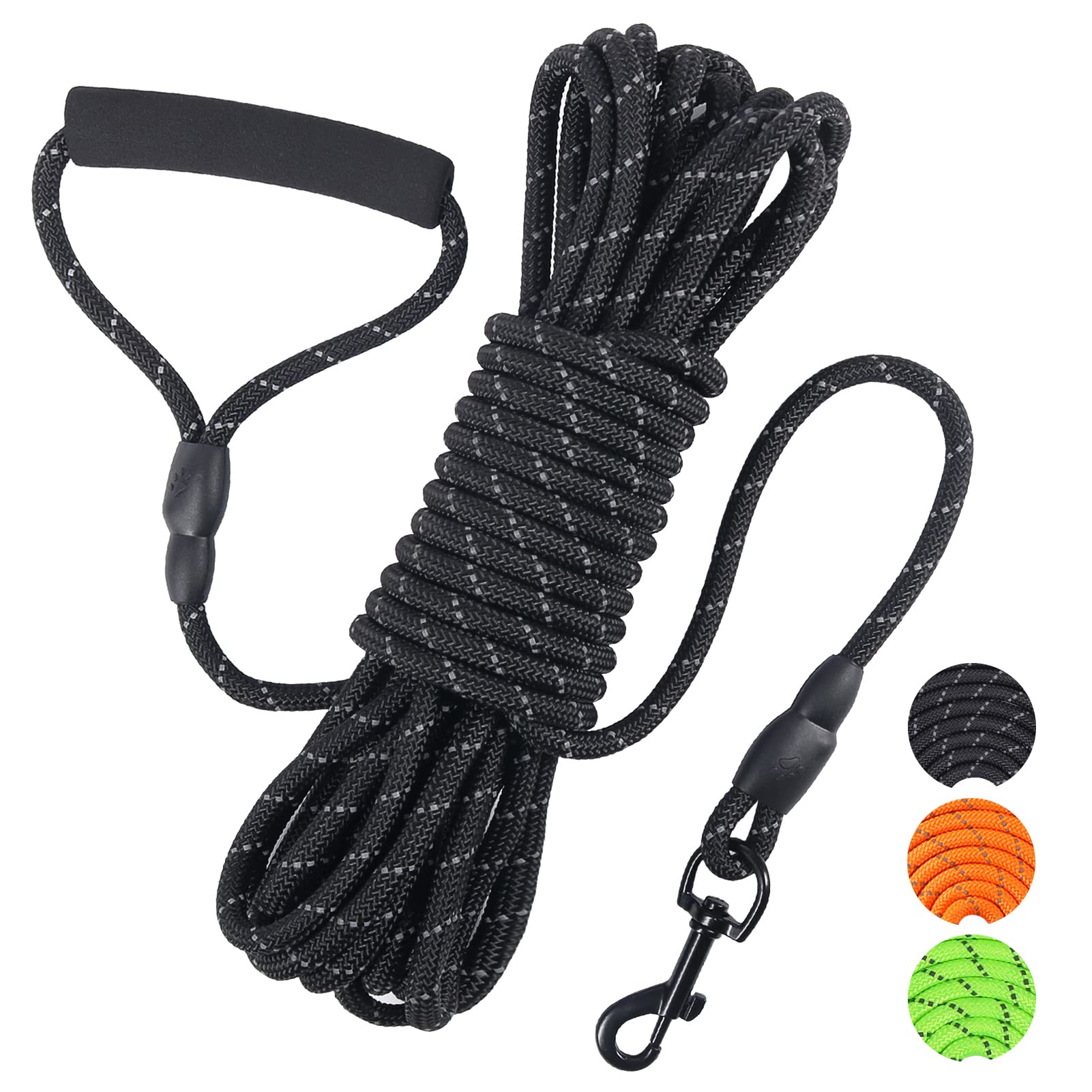 Vivifying Dog Check Cord, 32FT/10M Floatable Long Reflective Recall Dog Training Rope with Soft Handle for Hiking, Camping, Walking（Black）