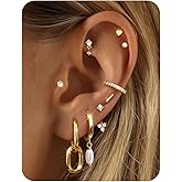 FIBO STEEL Small Stud Hoop Earrings for Women - 9 Pairs Hypoallergenic 14K Gold Plated Cartilage Earrings for Women Trendy Flat Back Earring Stacks Huggie Earring Sets for Multiple Piercing Jewelry Gifts