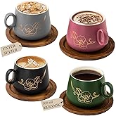 Yundu 10oz Cappuccino Cups & Wooden Saucers Set with Gold Floral Art, Latte Art Cup for Espresso, Coffee & Tea, Modern Matte Ceramic Tea Cup Set of 4