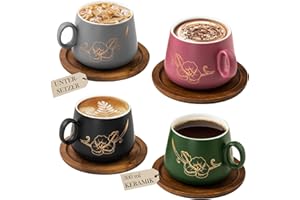 Yundu Matte Ceramic Cappuccino Cups Set of 4-300 ml/10oz Cappuccino Cups with Wooden Coasters & Gold Flower Design, Coffee Cu