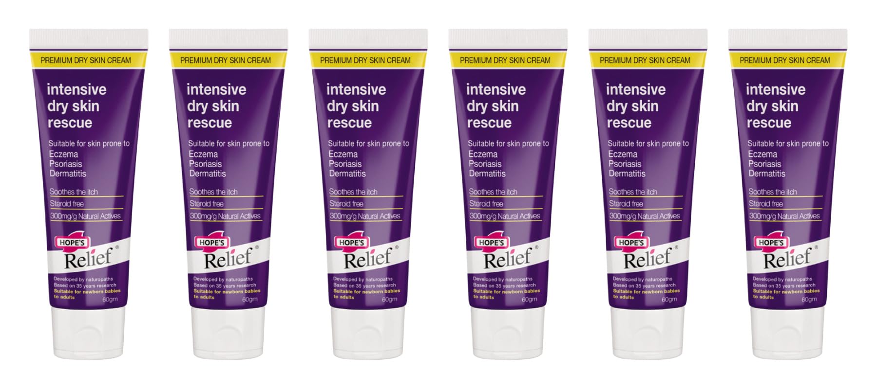 Hope's Relief Natural Intensive Dry Skin Cream VALUE 6 PACK BUNDLE for Face,Hands,Body Moisturiser, Eczema, Psoriasis and Dermatitis Treatment ideal for dry itchy skin and irritated skin 60g