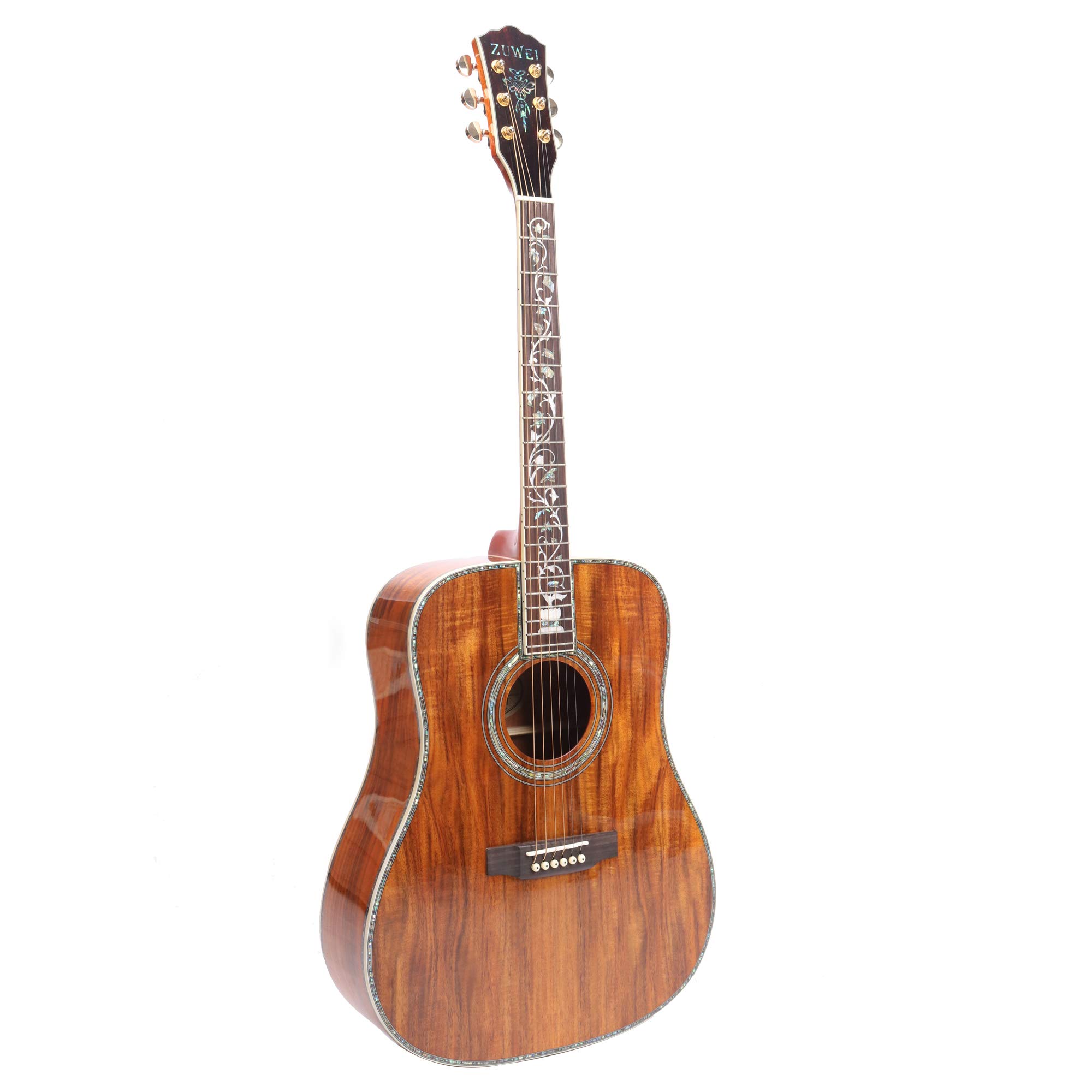 ZUWEI 41in Handmade Acoustic Guitar Life Flower Serise KA200 KOA Top& Backside Abalone Inlay, Grover