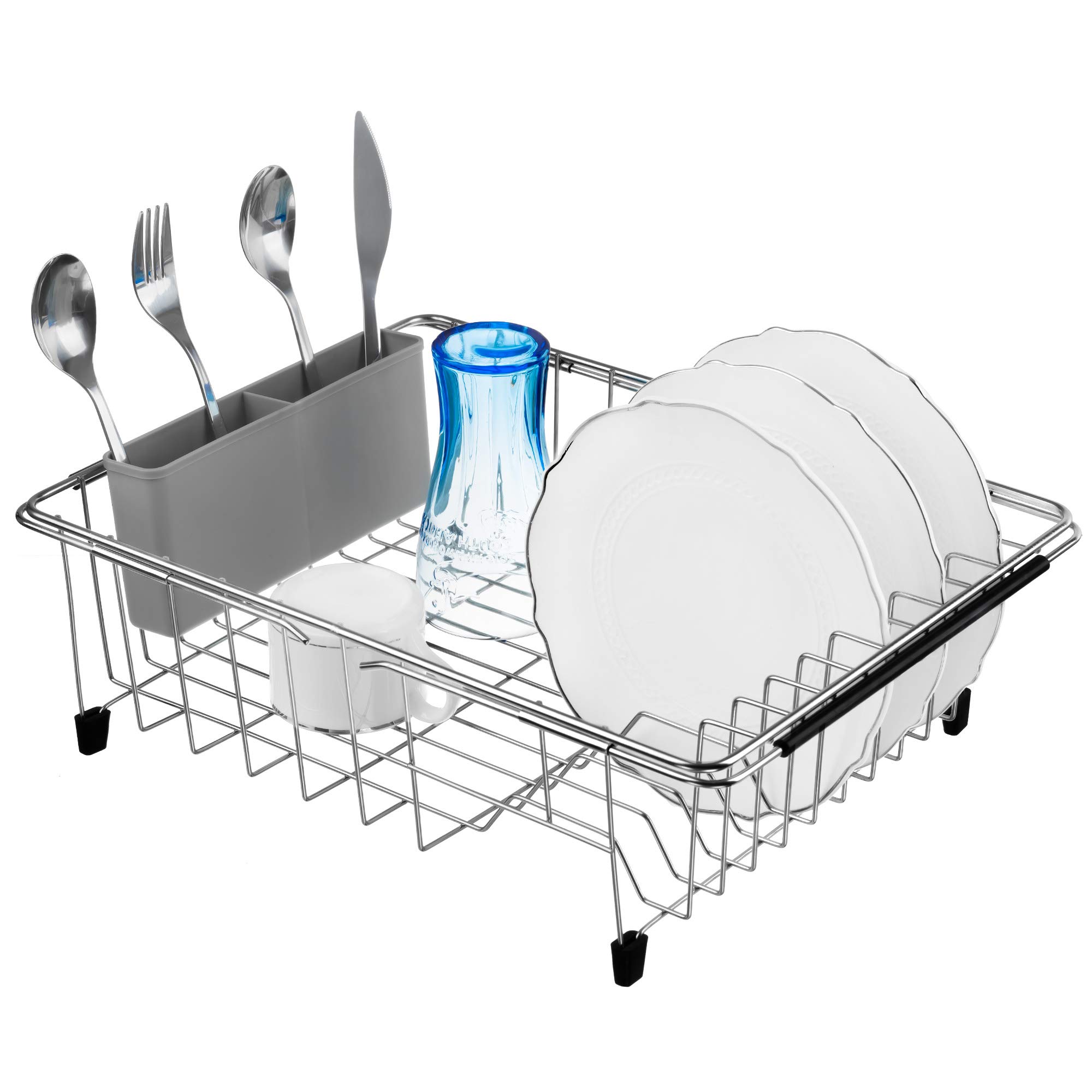 iPEGTOP Expandable Deep & Large Dish Drying Rack with Grey Utensil Cutlery Holder, Over The Sink, in Sink Or On Counter Dish Drainer, Rustproof Stainless Steel