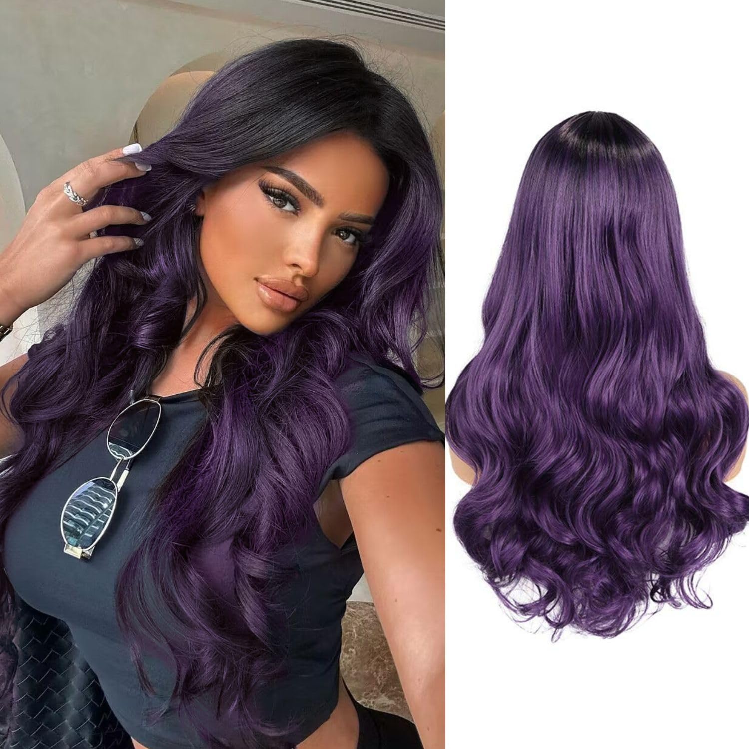 Photo 1 of ***(STOCK PHOTO FOR REFERENCE ONLY/ ITEM WILL DIFFER)***WIGER Purple Wavy Wigs, 26 Inch Long Ombre Dark Purple, Heat Resistant Synthetic Hair Wig for Women, Middle Part, Cosplay & Party