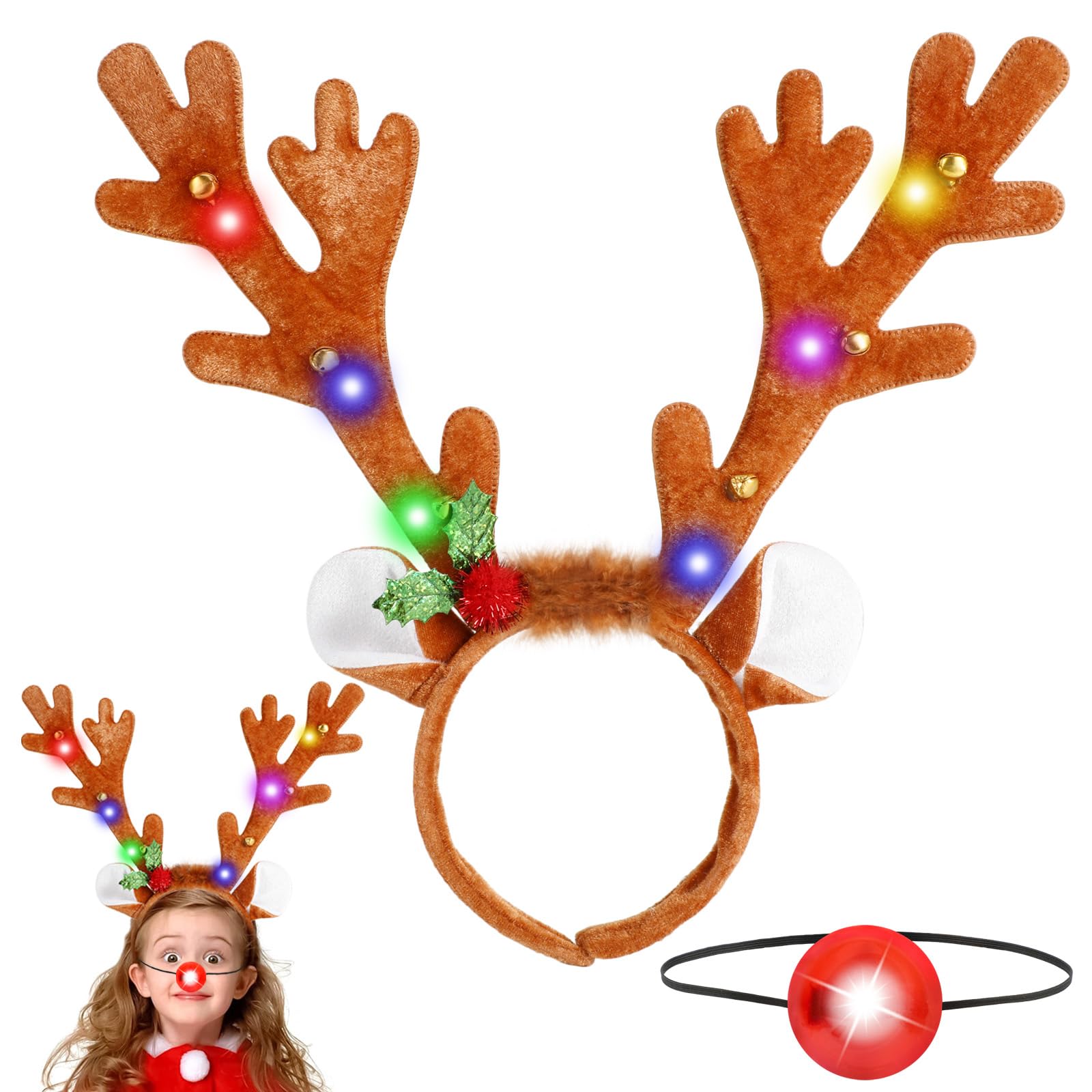 Beipegin LED Reindeer Headbands and Light up Rudolph Nose,Christmas Headwear Reindeer Ears Headband Antlers Headband Christmas Fancy Dress Accessories for Adult Kids