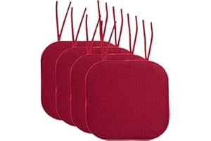 Sweet Home Collection Chair Cushion Memory Foam Pads with Ties Honeycomb Pattern Slip Non Skid Rubber Back Rounded Square 16" x 16" Seat Cover, 4 Pack, Red 4 Count