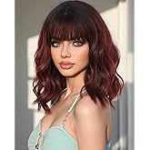 Monaluxe Short Bob Wigs with Bang Synthetic Loose Curly Wavy Bob Wig 99J Burgundy Shoulder Length for Women Girls Daily Short Wavy Colorful Wig