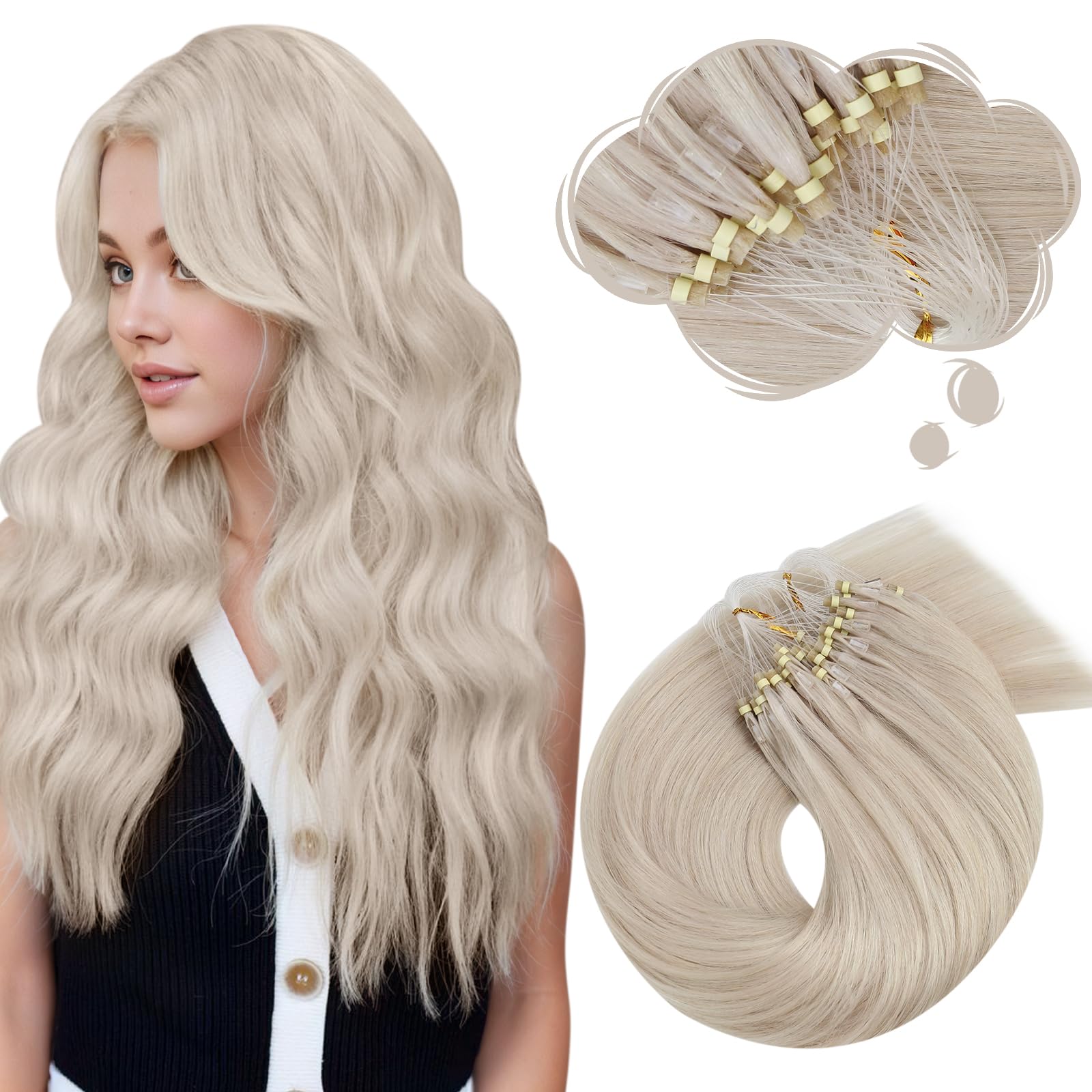 Moresoo Micro Ring Hair Extensions Real Human Hair White Blonde Long 24 Inch Cold Fusion Invisible Micro Beads Human Hair Extensions Blonde 1g/s 50g/Pack #60A — image 1