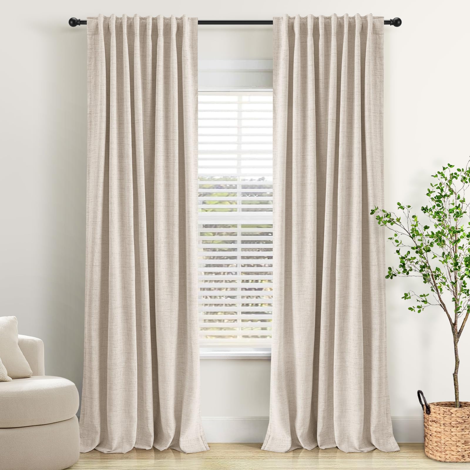 Photo 1 of INOVADAY 100% Blackout Curtains 90 Inches Length 2 Panels Set, Back Tab/Rod Pocket Linen Black Out Curtains for Bedroom, Thermal Insulated Window Drapes - Cream, W50 X L90