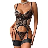 Sexy Lingerie Sets for Women Classy,Lace Womens Corset Teddy Lingerie 3 Piece with Garter Belt