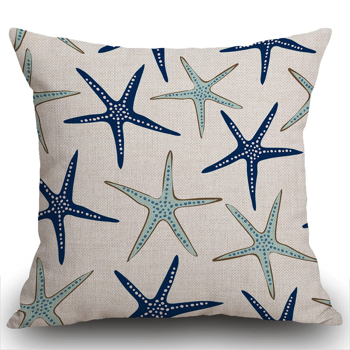 Smooffly Coastal Nautical Cushion Cover, Coastal Nautical Starfish Repeat Pattern Navy Blue Square 18 x 18 Inches Decorative Throw Pillow Cover Cotton for Sofa Bedroom Car 45 x 45 cm