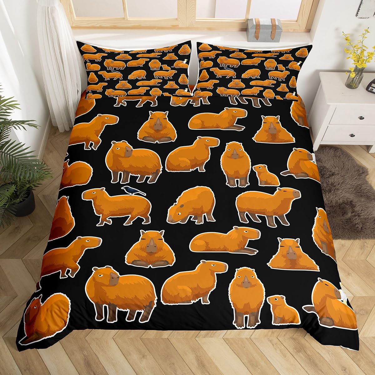 Homewish Capybaras Duvet Cover Single, Cute Capybara Bedding Set, Cartoon Animal Black Comforter Cover, Kawaii Funny Wildlife Rodent Brown Bedroom Decor Quilt Cover for Girls Boys Kids