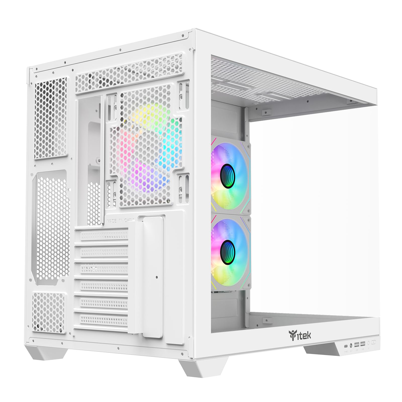 Itek Dark CAVE DS Gehäuse – Gaming Tower – ATX – 3x12cm ARGB-Lüfter – 2X USB 3.0 – Type-C – Seiten- & Frontpanel aus Gehärtetem Glas – Weiße Edition 5