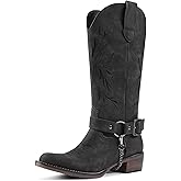 GPXGPX Women's Embroidered Cowboy Boots Removable Belt Mid Calf Cowgirl Riding Boots Low Block Heel Round Toe Western Boots