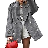 ECDAHICC Women's Wool Blend Pea Coat Notch Lapel Double Breasted Winter Loose Short Button Outerwear Jacket