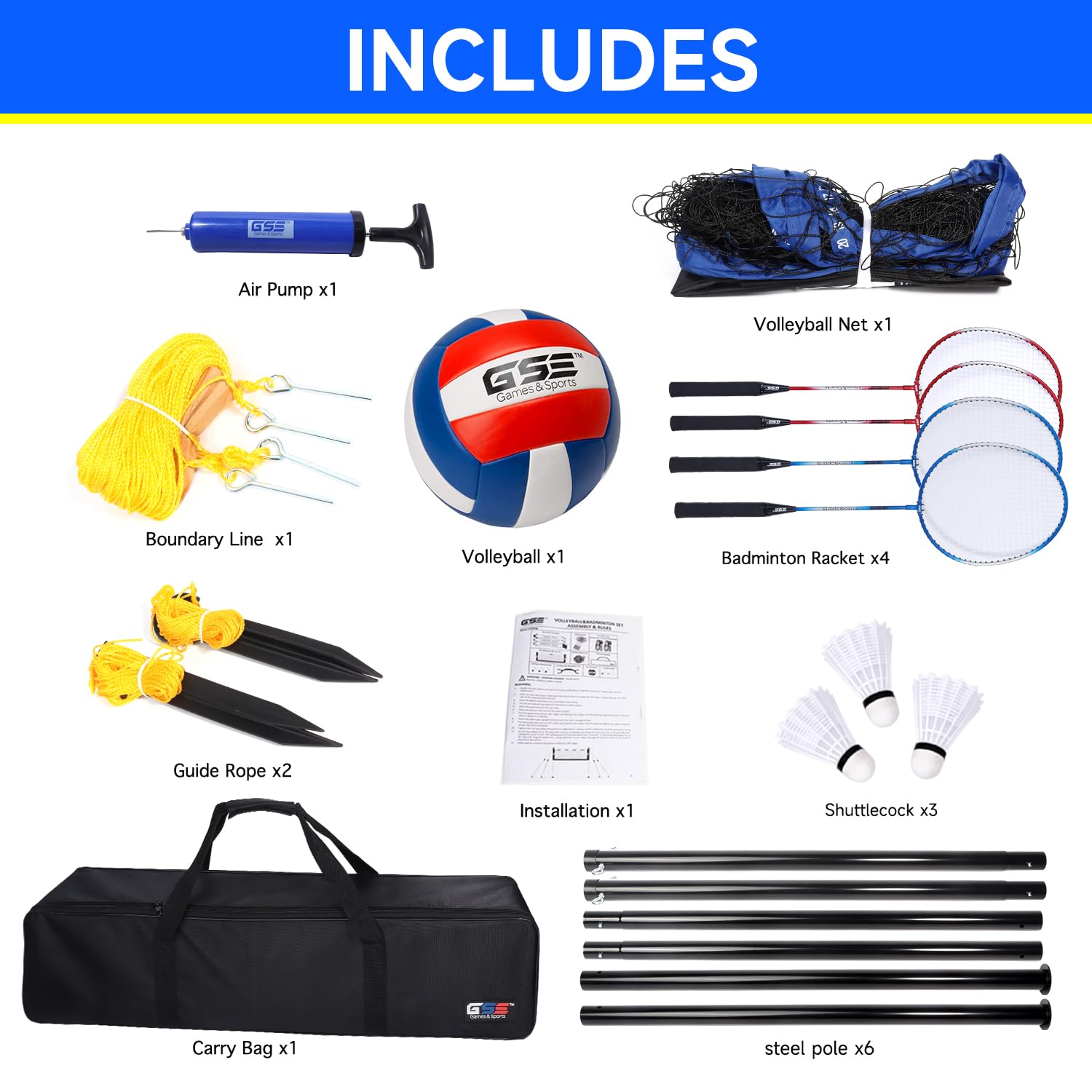 GSE Games & Sports Expert Outdoor Yard Sports Net Game Set for Backyards, Parks, Beach, Lawn. Volleyball Set, Badminton Set OR Volleyball & Badminton Combo Set Available