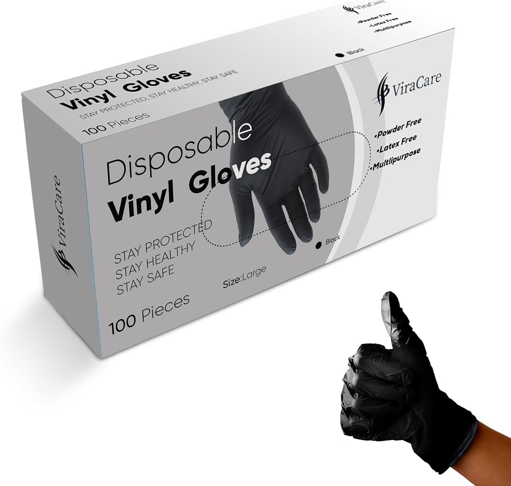 ViraCare Black Vinyl Gloves Disposable Large 100 Pack Latex Free