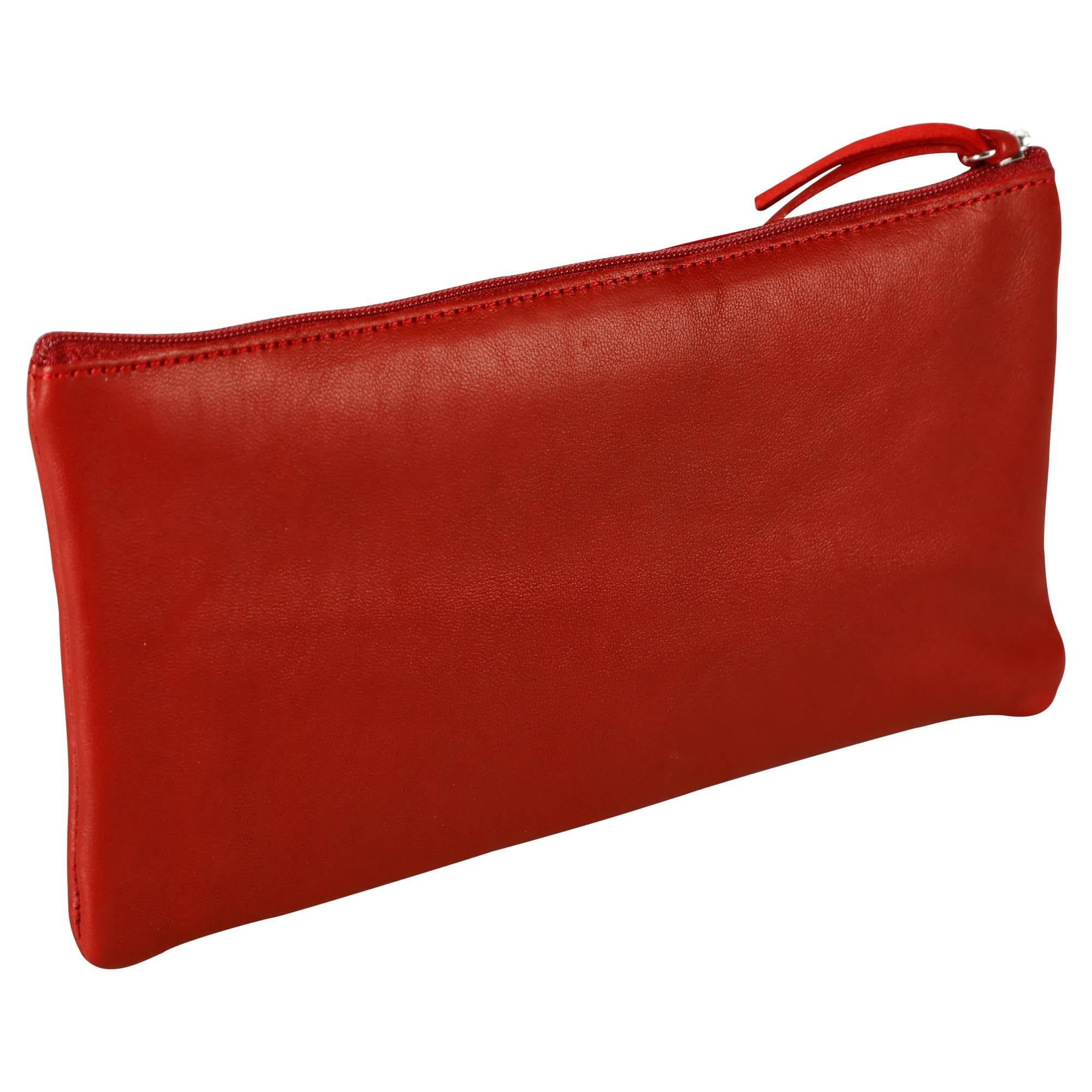 Clairefontaine - Ref 410068C - Ruby' Leather Flat Pencil Case - 22 x 11cm, Made From Genuine Lambskin Leather, Metal Zip With Leather Puller - Red Colour