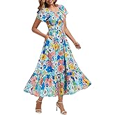 Summer Floral Smocked Maxi Dress for Women Casual Short Sleeve Flowy Long Boho Beach Party Dresses with Pockets