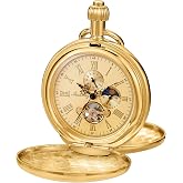 Whodoit Vintage Full Copper Men's Mechanical Pocket Watch with Chain | Men's Mechanical Pocket Watch ,with Chain, Vintage Full Copper, Hand-Wind Second&amp;24hours Sub-dials ,Pocket Watches for Men