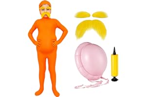 Kids Orange Bodysuit with Yellow Mustache Eyebrows and Inflatable Belly | Upgraded Kids' Orange Bodysuit, Extended Back Zipper, Widened Crotch, Open Face Body Suit for Cosplay, Halloween Costume