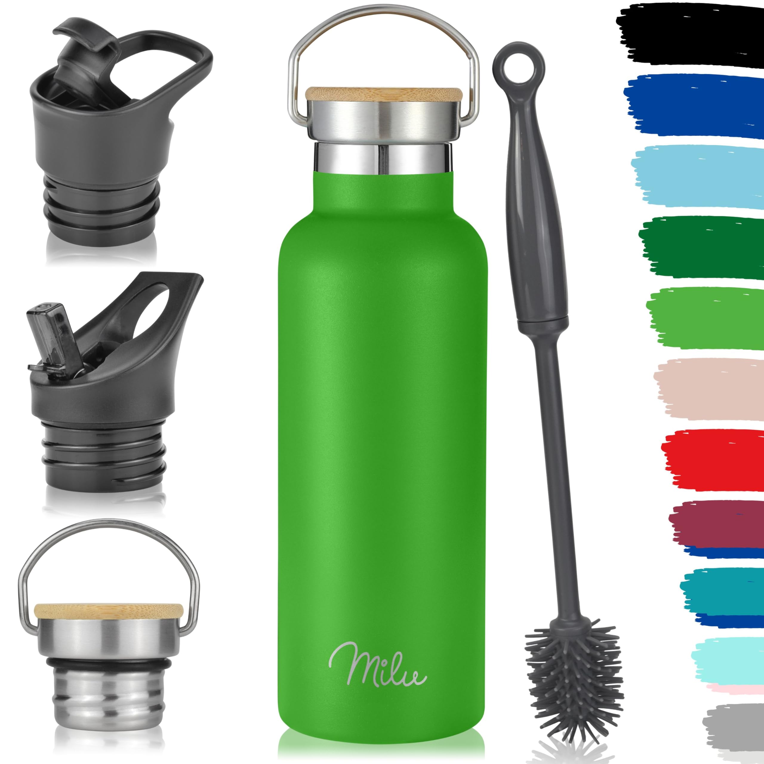Milu Stainless Steel Drinking Bottle 350ml, 500ml, 750ml, 1l (+3 Lids) - Thermo Bottle with Straw, Water Bottle, for Hot, Cold & Carbonated Drinks (Apple Green, 500ml)