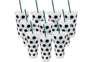 UgyDuky 10 Pack Soccer Plastic Cups, 24oz Soccer Ball Pattern Plastic Tumblers Cup Reusable Party Cups with Lid and Straw Spo