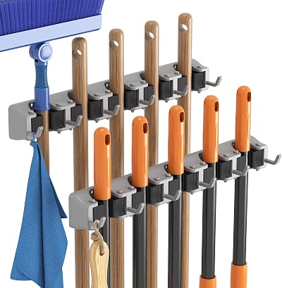 Lifewit Broom Mop Holder Wall Mounted 5 Slots 6 Hooks 2 Pack Grey