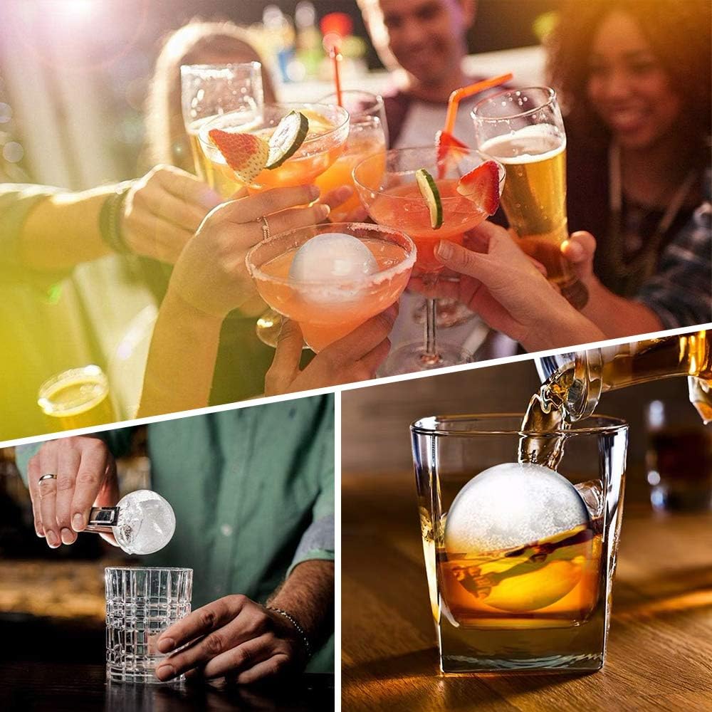Cusbus Large Ice Cube Trays for Whiskey, 2.5" Flexible 4 Ice Balls Maker with Lids & 4 Bonus Funnels, BPA Free Round Silicone Ice Cube Molds, Reusable Sphere Ice Tray for Cocktail, Bourbon, Scotch: Kitchen & Dining
