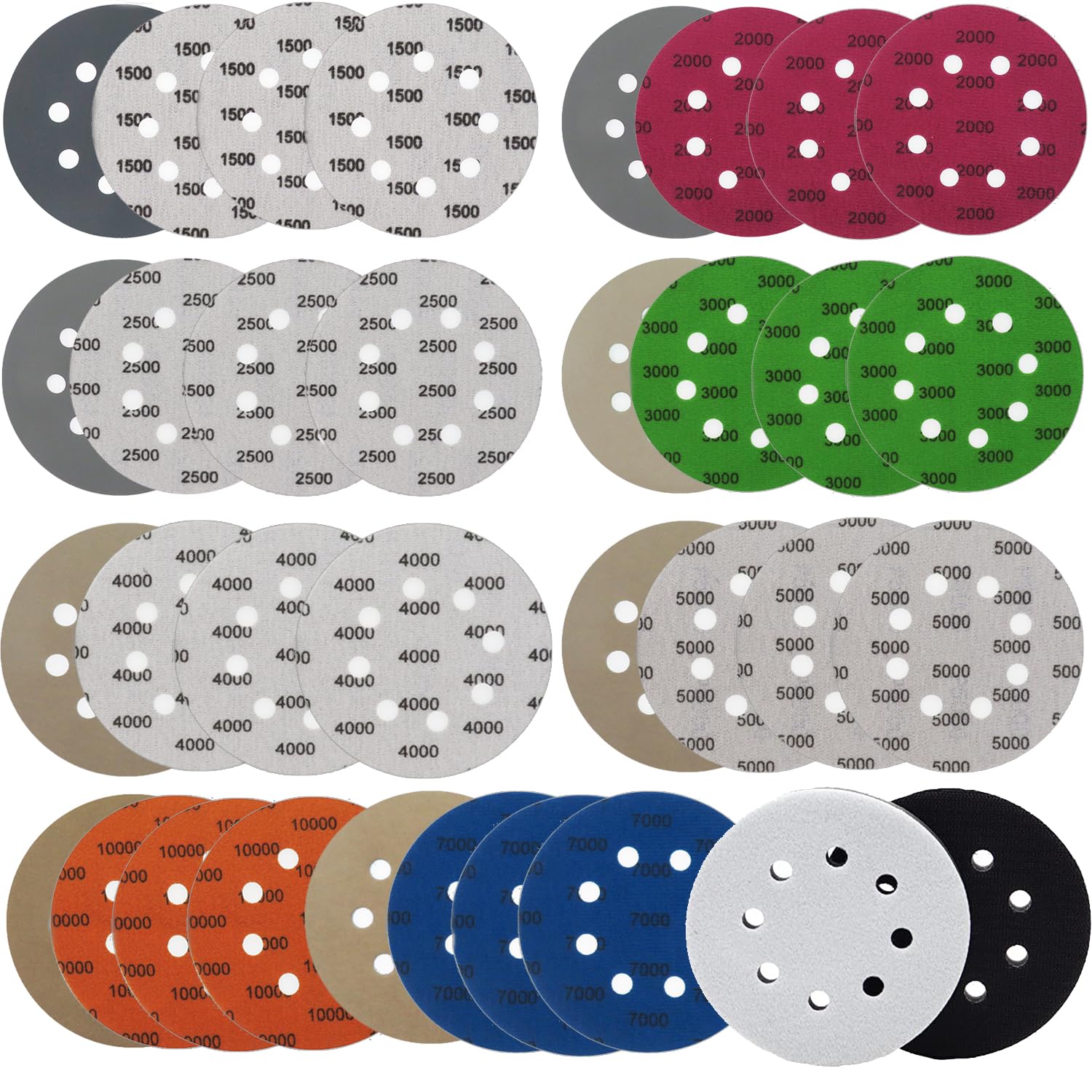 Photo 1 of 32pcs Sandpaper 8 Hole 5 inch Sanding Discs Hook and Loop 1500-10000 Grits Wet Dry Sandpaper with 2pcs Interface Pads for Random Orbital Sander Automotive Metal Polishing