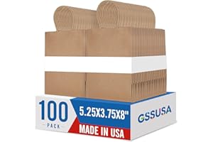 GSSUSA 100 Pack Paper Gift Bags 5.25x3.75x8 Inch Small Brown Paper Bags with Handles Bulk, Brown Kraft Bag for Small Business, Sturdy Grocery Retail Shopping Birthday Party Favor Craft Bag （Made in USA）