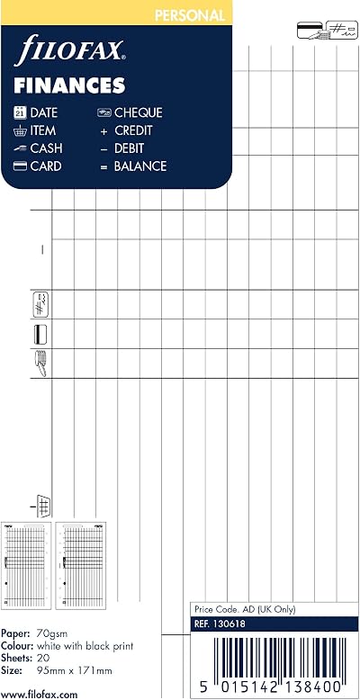 Filofax Personal Finances Refill White 95mm x 171mm 6 Hole 20 Leaves